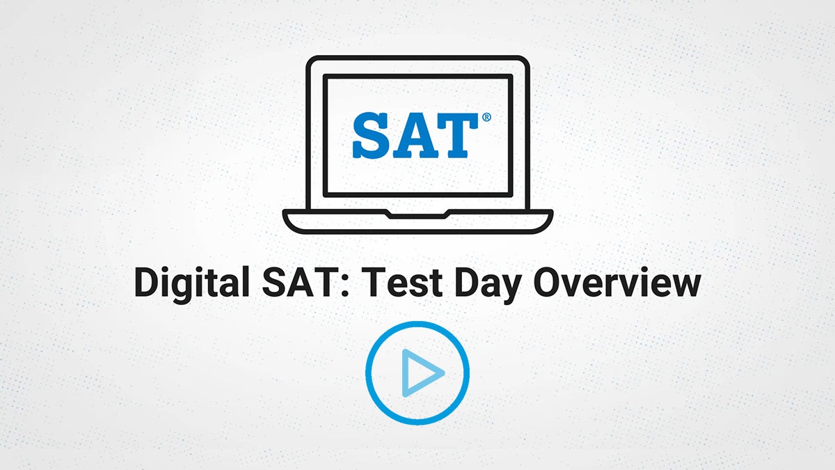 screenshot reading "Digital SAT: Test Day Overview" with icons for laptop and video play button
