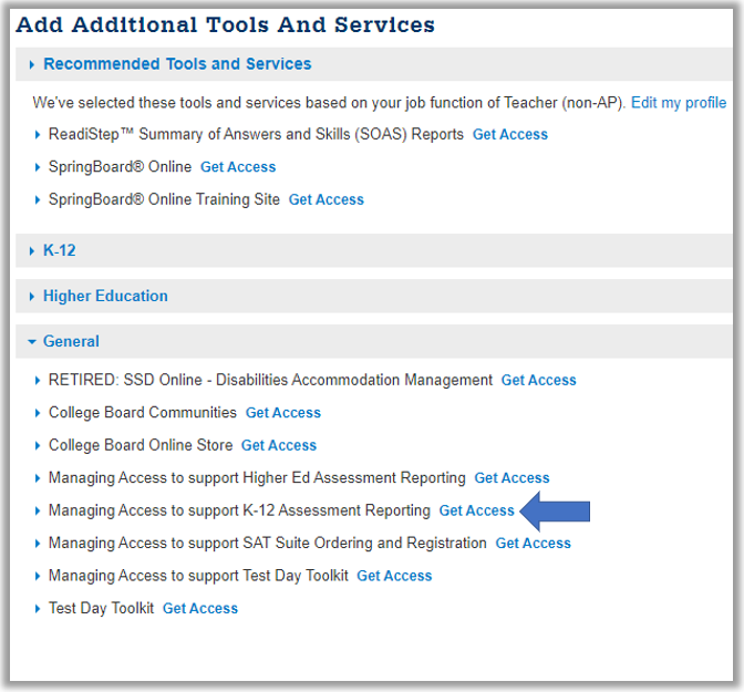 Screenshot indicating where users will find the K-12 Assessment Reporting link.