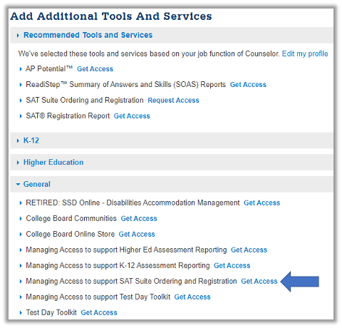 Screenshot indicating where users will find the SAT Suite Ordering and Registration link.