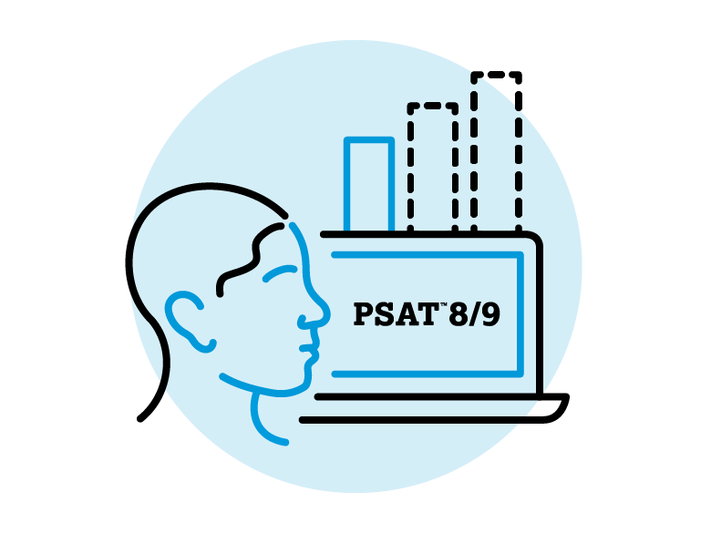 illustration of a person's head in profile, with laptop computer reading PSAT 8/9 onscreen, and bar chart in background