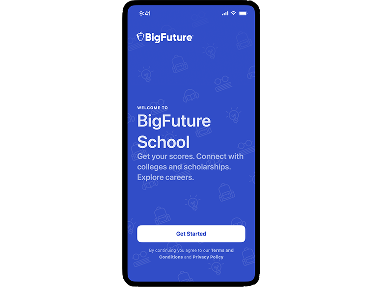Phone screen showing BigFuture School Mobile App running