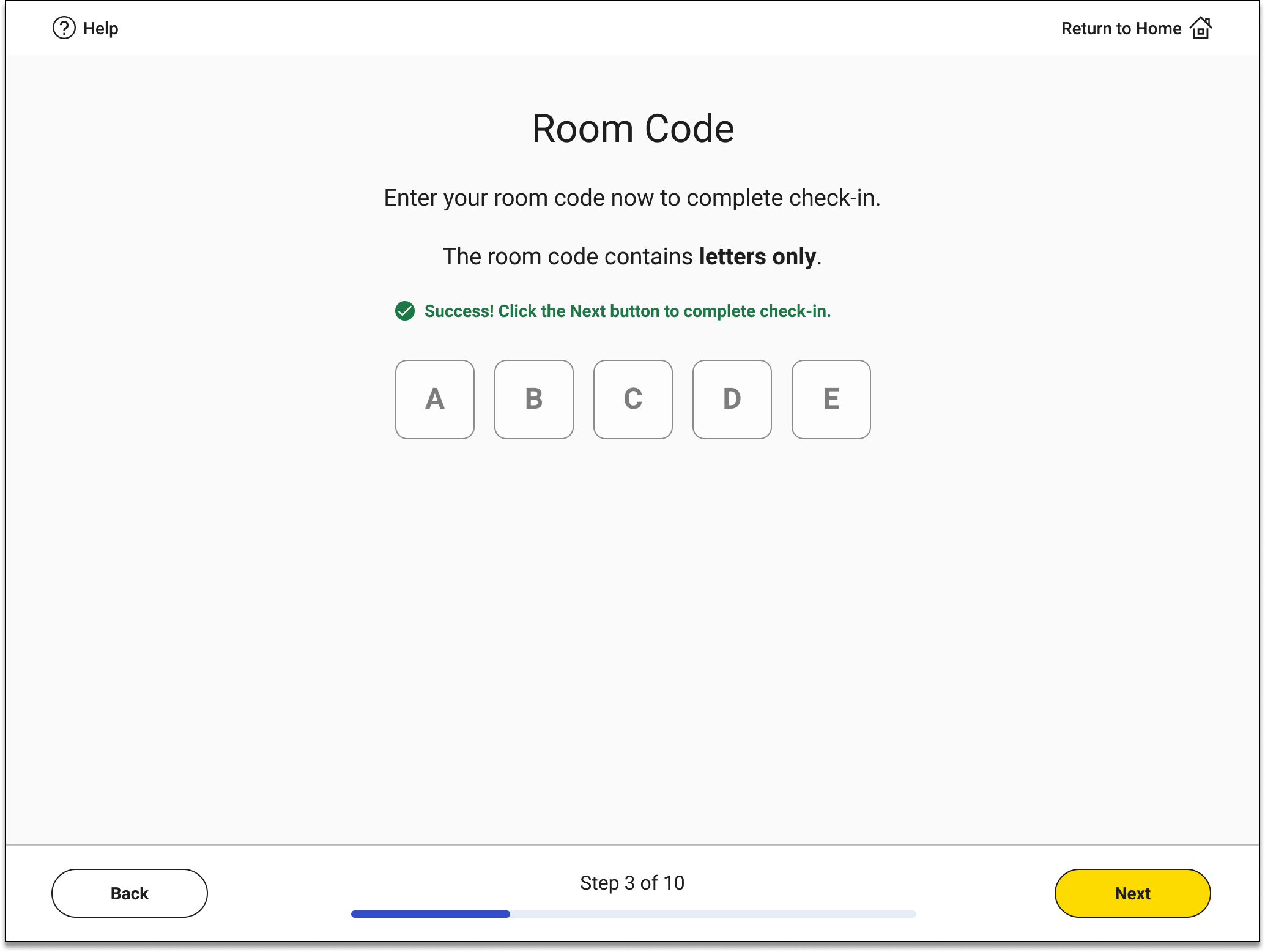 Image shows Bluebook room code screen, with sample room code filled in. At the bottom of the screenshot, there's a button labeled 'Next.'