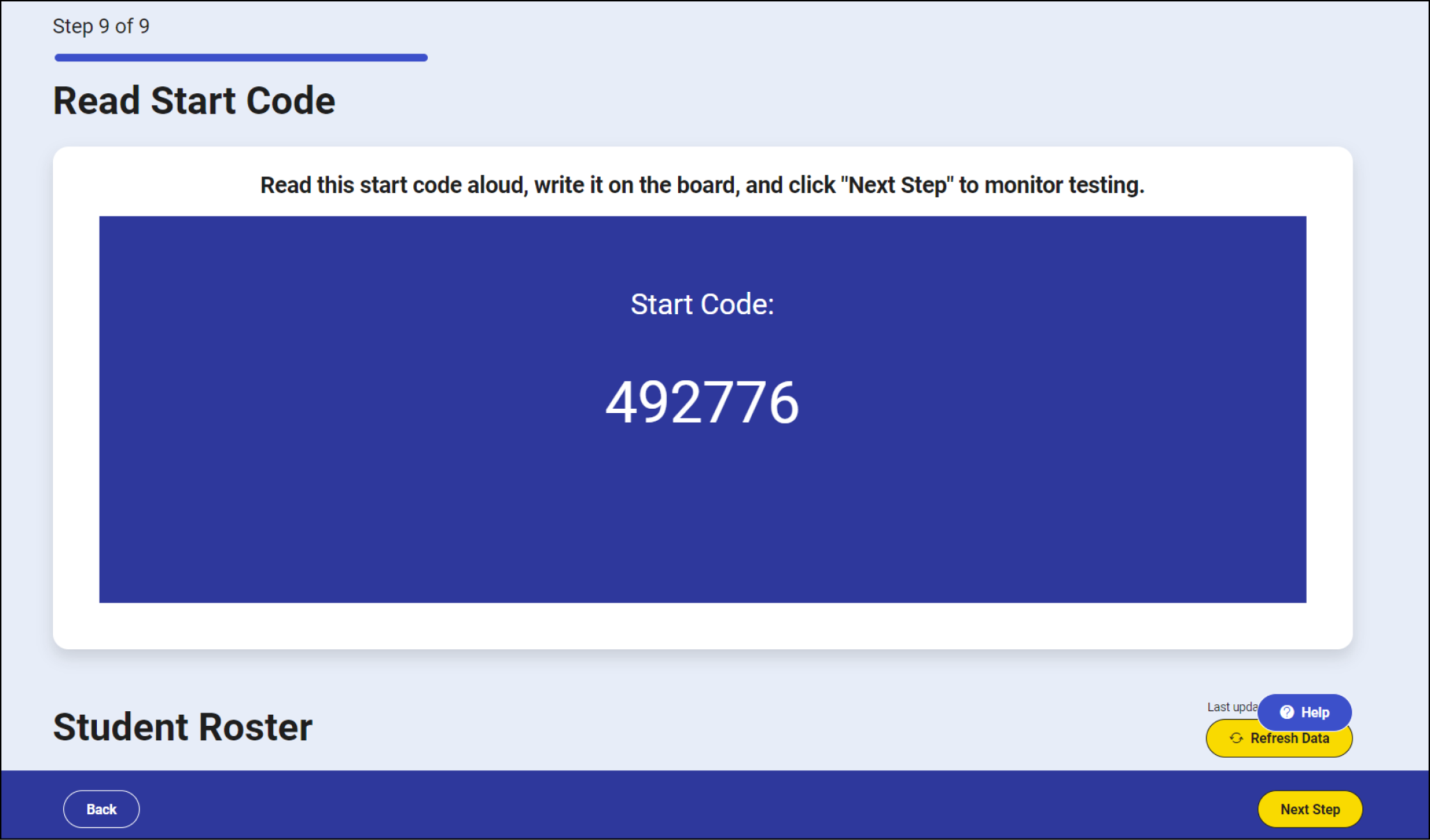 Image of the Start the Test screen in Test Day Toolkit with sample start code for the exam. At the bottom of the screenshot, there's a button labeled 'Next Step.'