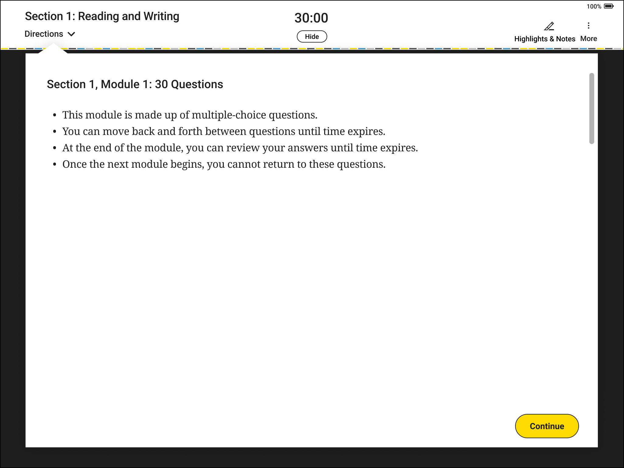 Image of the directions for the Reading and Writing section in Bluebook. At the bottom of the screenshot, there's a button labeled 'Continue.'