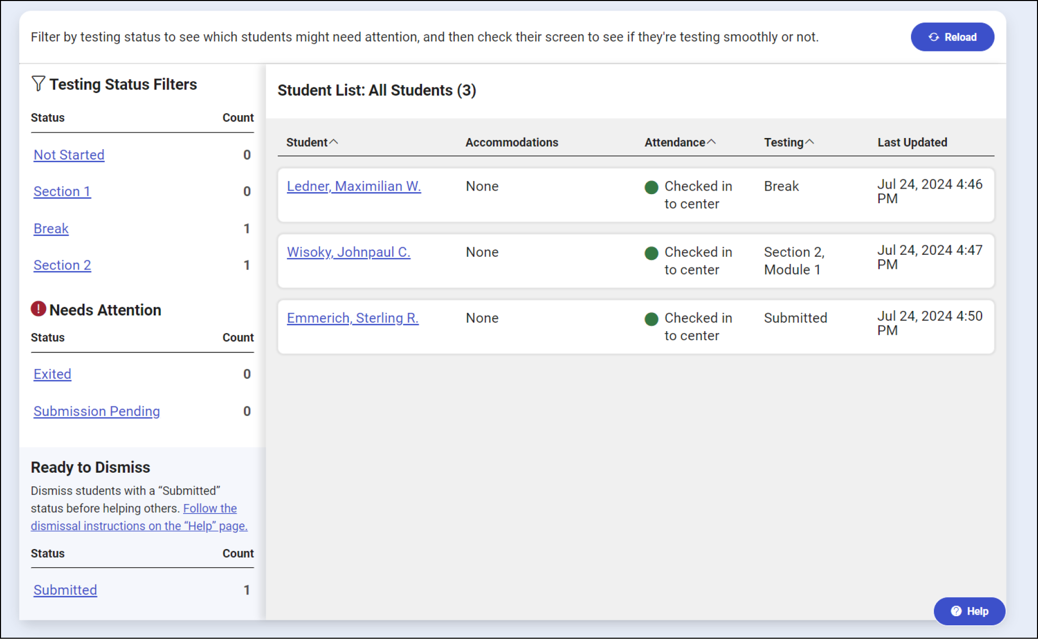 Image of the monitoring dashboard in Test Day Toolkit at the end of the test. The sample dashboard lists three students, showing one student is on break, one student is in section 2, and one student has submitted their answers.