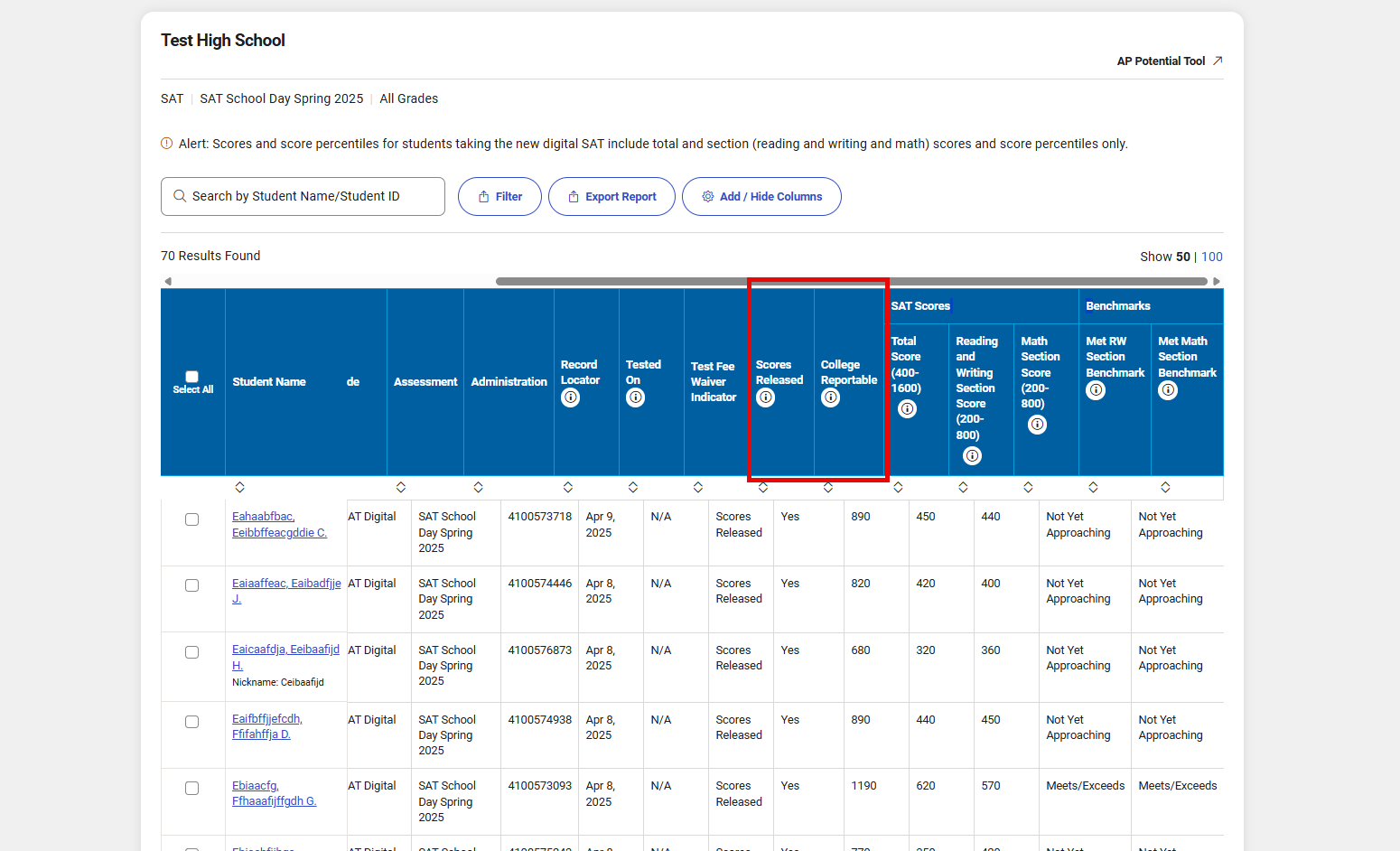Screenshot of a school-level SAT roster page in the College Board system showing student assessment details, with the Scores Released and College Reportable columns highlighted in red.