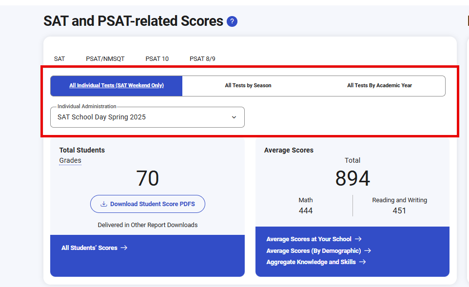 Screenshot of the dashboard in the K–12 Reporting Portal showing options to view reports for a single test administration, season, or academic year.