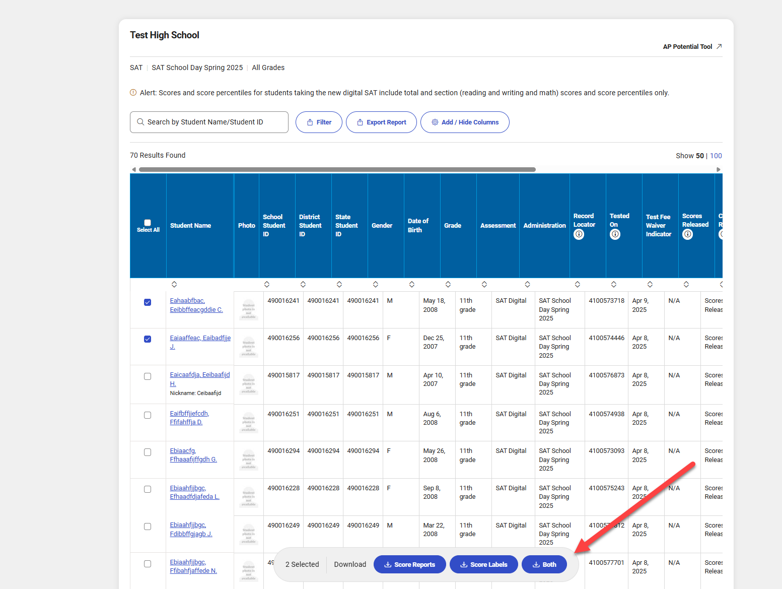 Screenshot of the student roster report showing selected students with a floating bar at the bottom, including options to download Score Reports, Score Labels, or Both as PDFs.