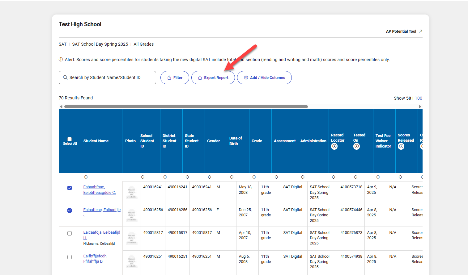 Screenshot of the student roster report with an arrow pointing to the Export Report button, which allows exporting report data to an XLS file.